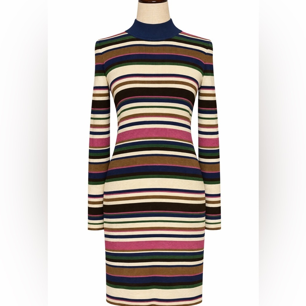 Y2K ribbed striped jewel tone and cream turtleneck, longsleeve body con dress. S